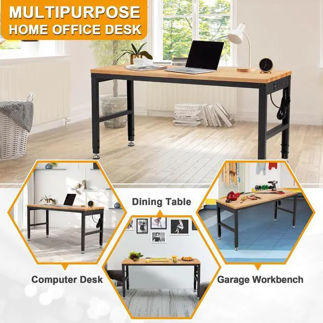 Alt view image 7 of 7 - Height Adjustable Workbench 60" 2000 Lbs Capacity Solid Wood Work Station Heavy-Duty Work Tables with Power Outlets for Garage Party Shop Office