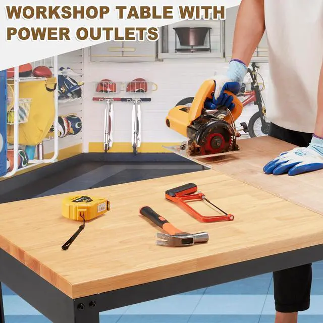 Alt view image 2 of 7 - Height Adjustable Workbench 48"x 24" 2000 Lbs Capacity Solid Wood Work Station Heavy-Duty Work Tables with Power Outlets for Garage Party Shop Office