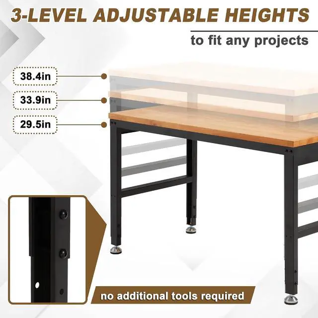 Alt view image 3 of 7 - Height Adjustable Workbench 48"x 24" 2000 Lbs Capacity Solid Wood Work Station Heavy-Duty Work Tables with Power Outlets for Garage Party Shop Office