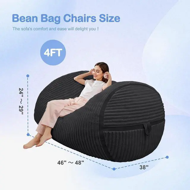Alt view image 2 of 6 - Bean Bag Chair 4FT Large Bean Bag Chairs for Adults with Memory Foam Filled,4'Beanbag Chair with Soft Faux Fur Cover,Comfy Bean Bag Sofa for Classroom,Living Room,Game Room,Bedroom-Black