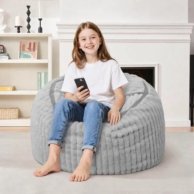 Alt view image 4 of 7 - Bean Bag Chair 2FT Bean Bag Chairs with Memory Foam Filled,2' Small Comfy Beanbag Chair with Soft Faux Fur Cover,Comfy Bean Bag Sofa for Classroom,Living Room,Game Room,Bedroom-Light Grey