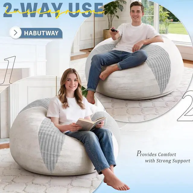 Alt view image 4 of 7 - 3FT Bean Bag Chairs Teardrop Bean Bag Chairs for Adults Beanbag Chair with Memory Foam Filled Soft Stripe Leaf alongside Plush Faux Fur Washable Cover for Dorm, Bedroom(Stripe LGY/WH)