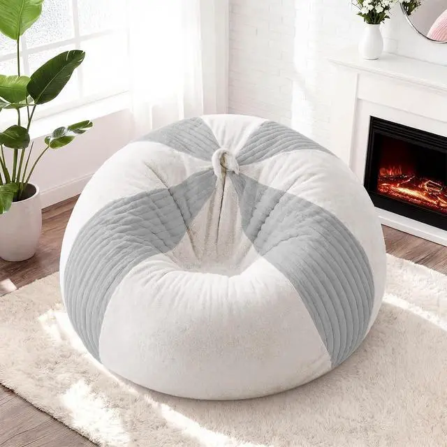 Alt view image 3 of 7 - 3FT Bean Bag Chairs Teardrop Bean Bag Chairs for Adults Beanbag Chair with Memory Foam Filled Soft Stripe Leaf alongside Plush Faux Fur Washable Cover for Dorm, Bedroom(Stripe LGY/WH)