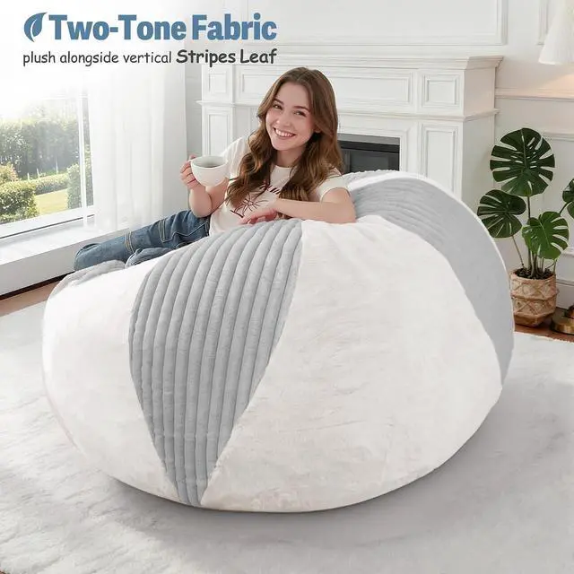 Alt view image 5 of 7 - 3FT Bean Bag Chairs Teardrop Bean Bag Chairs for Adults Beanbag Chair with Memory Foam Filled Soft Stripe Leaf alongside Plush Faux Fur Washable Cover for Dorm, Bedroom(Stripe LGY/WH)