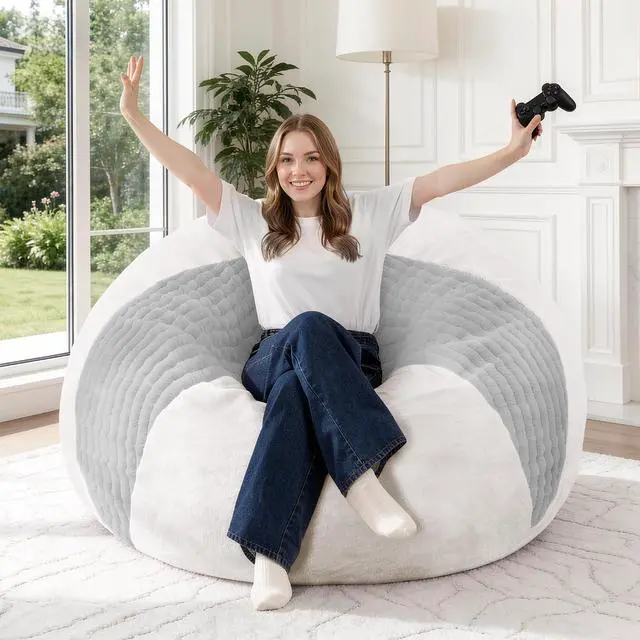 Alt view image 7 of 7 - 3FT Bean Bag Chairs Teardrop Bean Bag Chairs for Adults Beanbag Chair with Memory Foam Filled Soft Stripe Leaf alongside Plush Faux Fur Washable Cover for Dorm, Bedroom(Stripe LGY/WH)