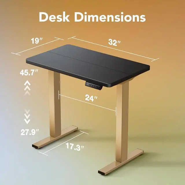 Alt view image 2 of 7 - 32" Small Electric Standing Desk Adjustable Height, 4 Memory Height Settings, Sit Stand Up Desk for Home Office & Computer Workstation, Black and Gold Frame
