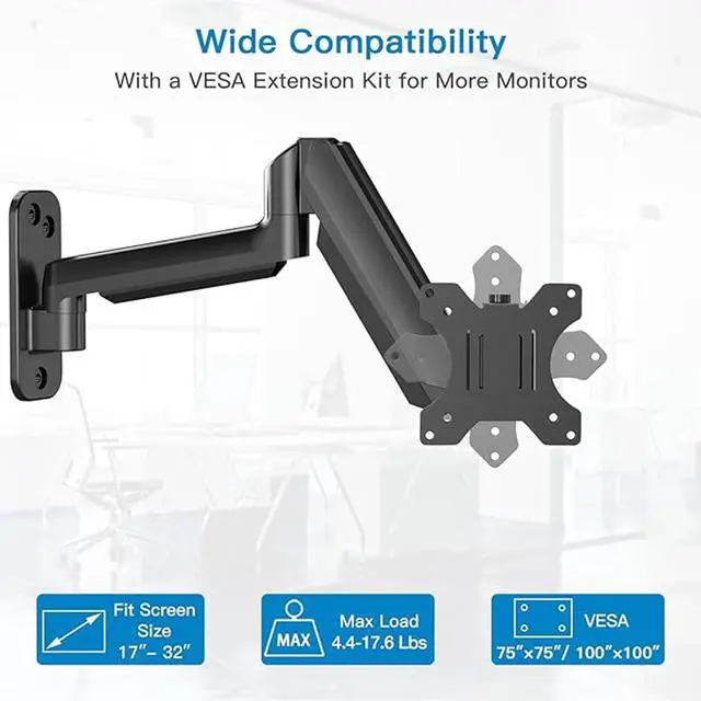 Alt view image 6 of 7 - Single Monitor Wall Mount for 13 to 32 Inch Computer Screen, Gaming Monitor Wall Mount Arm Holds up to 17.6lbs, Height Adjustable Full Motion Wall Monitor Mount-VESA Mount 75x75,100x100