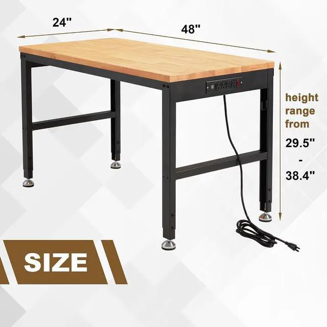 Alt view image 5 of 7 - Height Adjustable Workbench 48"x 24" 2000 Lbs Capacity Solid Wood Work Station Heavy-Duty Work Tables with Power Outlets for Garage Party Shop Office