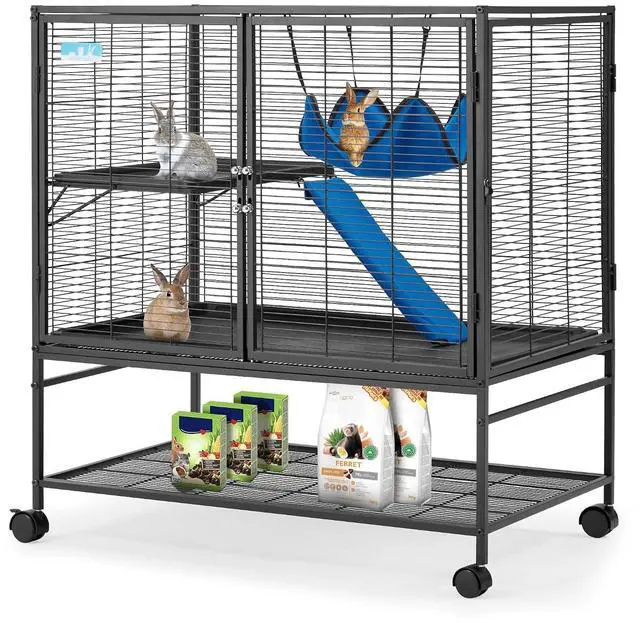 Main image of 40''H Large Metal Rolling Ferrets Cage, 2-Tiers Small Animal Cages, Cage for Rats/Chinchillas, 0.5'' Bar Spacing for Ferret,Small Animal Cage w/Removable Ramp & Platform