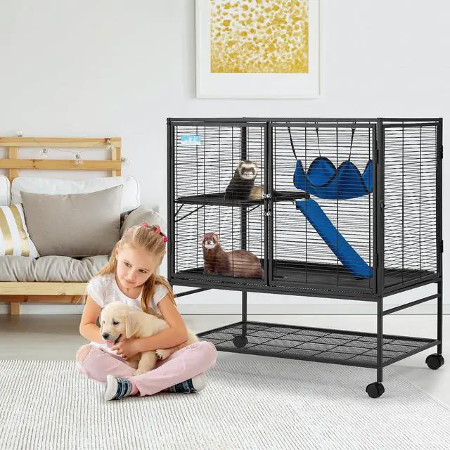 Alt view image 2 of 7 - 40''H Large Metal Rolling Ferrets Cage, 2-Tiers Small Animal Cages, Cage for Rats/Chinchillas, 0.5'' Bar Spacing for Ferret,Small Animal Cage w/Removable Ramp & Platform