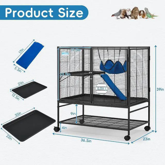 Alt view image 3 of 7 - 40''H Large Metal Rolling Ferrets Cage, 2-Tiers Small Animal Cages, Cage for Rats/Chinchillas, 0.5'' Bar Spacing for Ferret,Small Animal Cage w/Removable Ramp & Platform