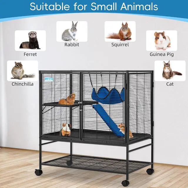 Alt view image 4 of 7 - 40''H Large Metal Rolling Ferrets Cage, 2-Tiers Small Animal Cages, Cage for Rats/Chinchillas, 0.5'' Bar Spacing for Ferret,Small Animal Cage w/Removable Ramp & Platform