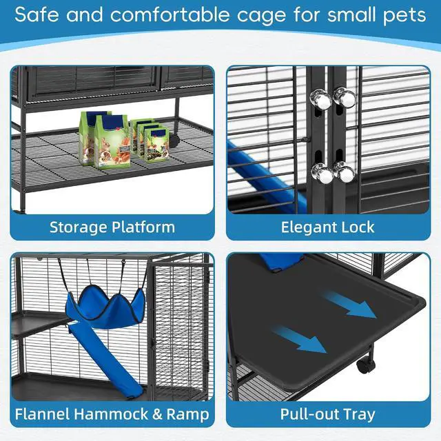 Alt view image 5 of 7 - 40''H Large Metal Rolling Ferrets Cage, 2-Tiers Small Animal Cages, Cage for Rats/Chinchillas, 0.5'' Bar Spacing for Ferret,Small Animal Cage w/Removable Ramp & Platform