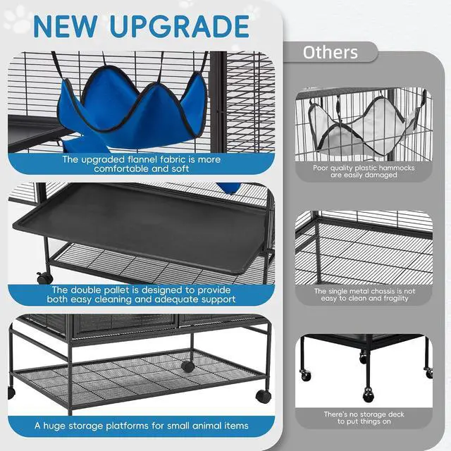 Alt view image 6 of 7 - 40''H Large Metal Rolling Ferrets Cage, 2-Tiers Small Animal Cages, Cage for Rats/Chinchillas, 0.5'' Bar Spacing for Ferret,Small Animal Cage w/Removable Ramp & Platform