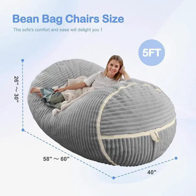 Alt view image 2 of 6 - Bean Bag Chair 5FT Giant Bean Bag Chairs for Adults with Memory Foam Filled,5'Beanbag Chair with Soft Faux Fur Cover,Comfy Bean Bag Sofa Lounger for Living Room,Bedroom-Light Grey&White
