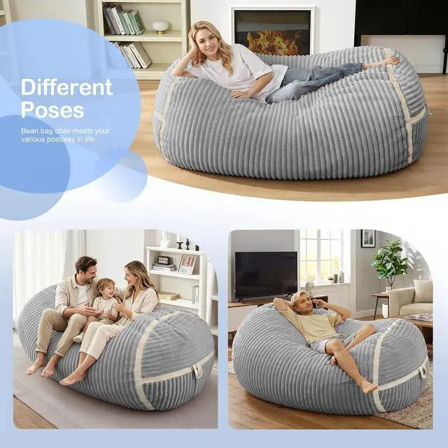 Alt view image 4 of 6 - Bean Bag Chair 5FT Giant Bean Bag Chairs for Adults with Memory Foam Filled,5'Beanbag Chair with Soft Faux Fur Cover,Comfy Bean Bag Sofa Lounger for Living Room,Bedroom-Light Grey&White