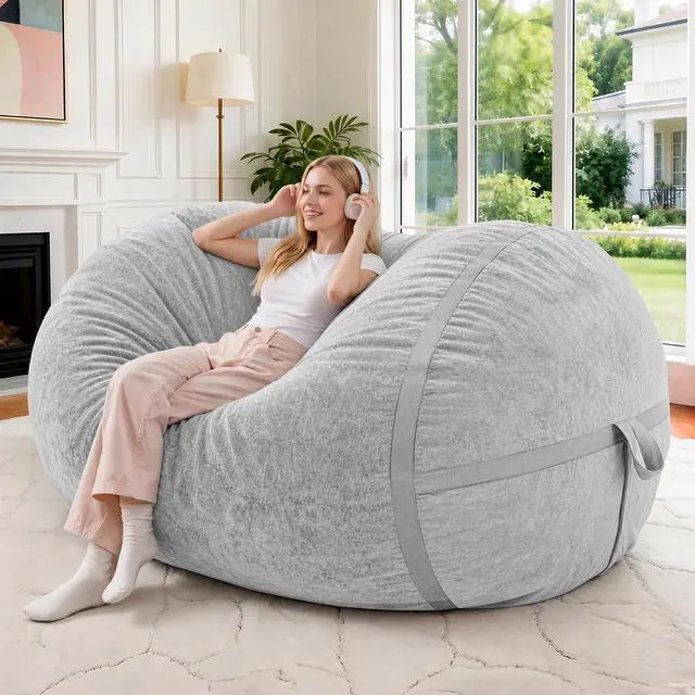 Main image of 4FT Bean Bag Chair, Large BeanBag Chairs with Memory Foam Filled, Ultra-Soft Velvet with Portable Handle & Removable Cover, Comfy Bean Bag Sofa for Living Room, No Assembly - Light Grey