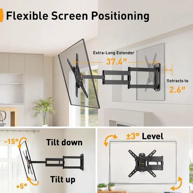 Alt view image 5 of 7 - Long Arm TV Wall Mount for 32-65 TVs, 37.4 Long Extension Corner TV Mount, Max VESA 400x400mm, Articulating Arms Full Motion Wall Mount Bracket with Swivel and Tilt, Holds up to 110 lbs