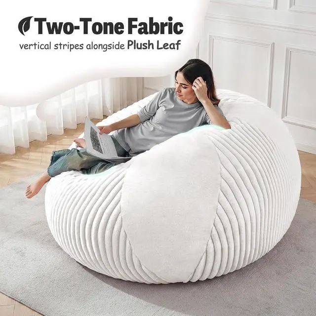 Alt view image 5 of 7 - 4FT Bean Bag Chairs Teardrop Bean Bag Chairs for Adults Beanbag Chair with Memory Foam Filled Soft Plush Leaf alongside Stripe Faux Fur Washable Cover for Dorm, Bedroom(Plush WH)