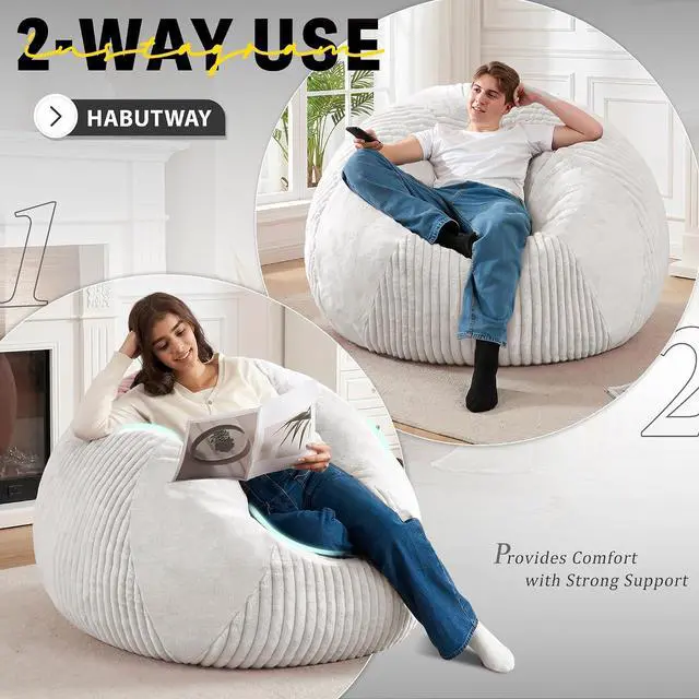 Alt view image 4 of 7 - 4FT Bean Bag Chairs Teardrop Bean Bag Chairs for Adults Beanbag Chair with Memory Foam Filled Soft Plush Leaf alongside Stripe Faux Fur Washable Cover for Dorm, Bedroom(Plush WH)