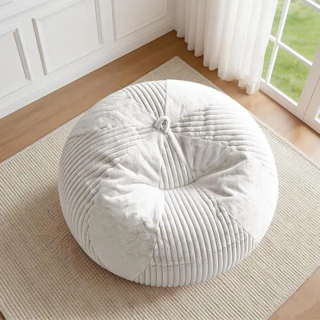 Alt view image 3 of 7 - 4FT Bean Bag Chairs Teardrop Bean Bag Chairs for Adults Beanbag Chair with Memory Foam Filled Soft Plush Leaf alongside Stripe Faux Fur Washable Cover for Dorm, Bedroom(Plush WH)