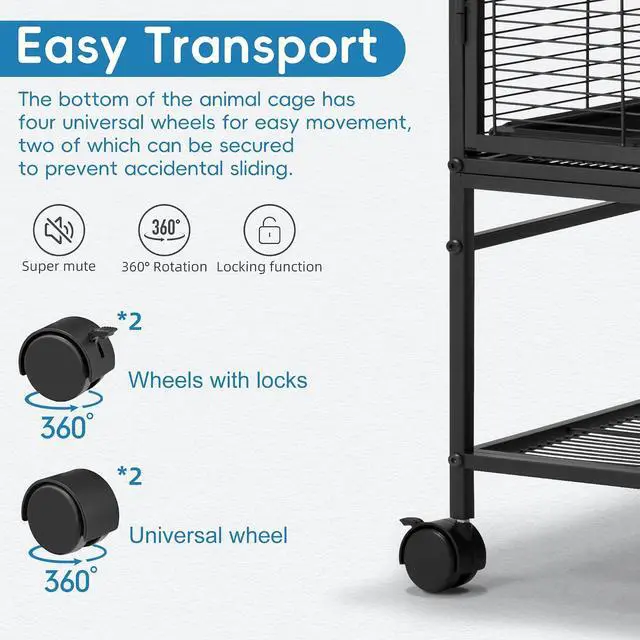 Alt view image 7 of 7 - 40''H Large Metal Rolling Ferrets Cage, 2-Tiers Small Animal Cages, Cage for Rats/Chinchillas, 0.5'' Bar Spacing for Ferret,Small Animal Cage w/Removable Ramp & Platform