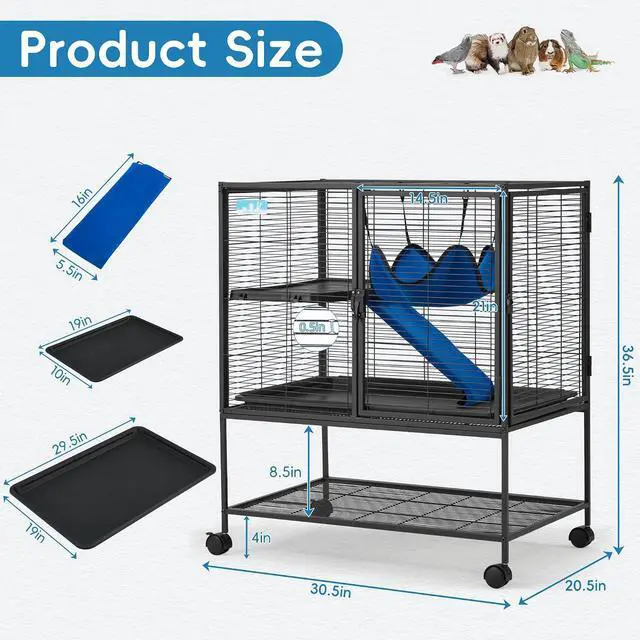 Alt view image 3 of 7 - 36.5''H Large Metal Rolling Ferrets Cage, 2-Tiers Small Animal Cages, Cage for Rats/Chinchillas, 0.5'' Bar Spacing for Ferret,Small Animal Cage w/Removable Ramp & Platform