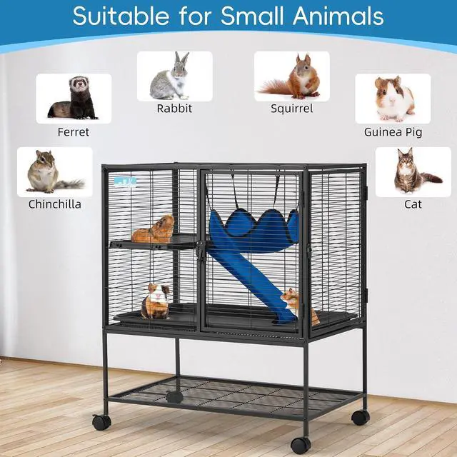 Alt view image 4 of 7 - 36.5''H Large Metal Rolling Ferrets Cage, 2-Tiers Small Animal Cages, Cage for Rats/Chinchillas, 0.5'' Bar Spacing for Ferret,Small Animal Cage w/Removable Ramp & Platform