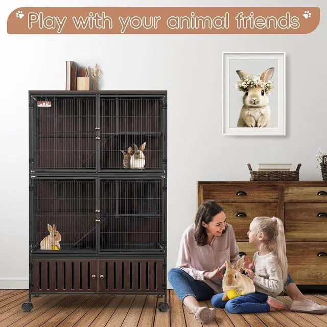 Alt view image 2 of 7 - 60''H Metal Large Ferret Cage, Rolling Chinchilla Cage with Removable Ramps& Double Door, with Locker, Small Animal Cage, Rat Indoor Wooden Pet Crate Furniture
