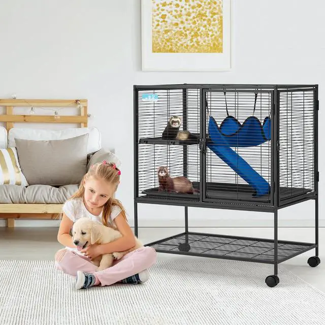 Alt view image 2 of 7 - 36.5''H Large Metal Rolling Ferrets Cage, 2-Tiers Small Animal Cages, Cage for Rats/Chinchillas, 0.5'' Bar Spacing for Ferret,Small Animal Cage w/Removable Ramp & Platform