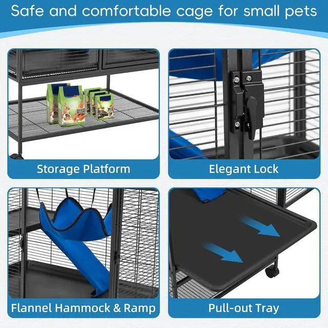 Alt view image 5 of 7 - 36.5''H Large Metal Rolling Ferrets Cage, 2-Tiers Small Animal Cages, Cage for Rats/Chinchillas, 0.5'' Bar Spacing for Ferret,Small Animal Cage w/Removable Ramp & Platform