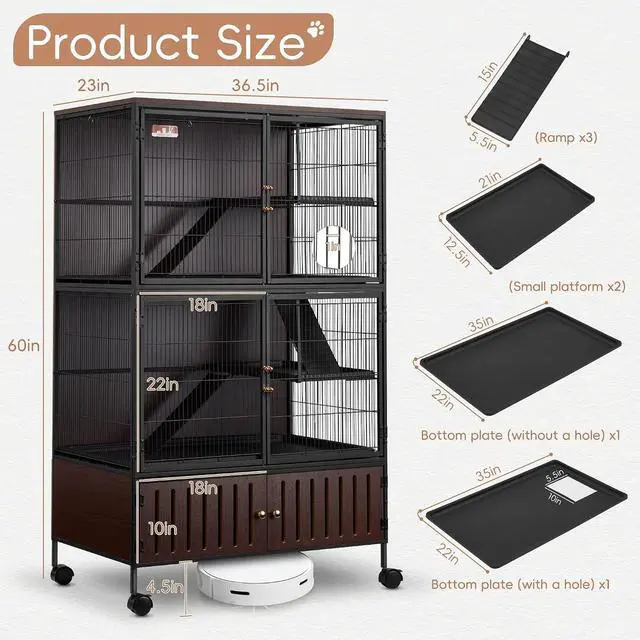 Alt view image 3 of 7 - 60''H Metal Large Ferret Cage, Rolling Chinchilla Cage with Removable Ramps& Double Door, with Locker, Small Animal Cage, Rat Indoor Wooden Pet Crate Furniture