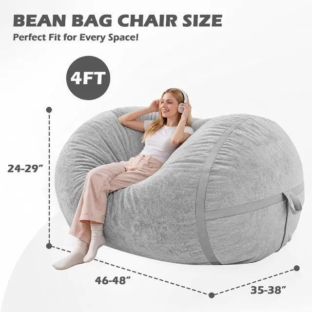 Alt view image 2 of 6 - 4FT Bean Bag Chair, Large BeanBag Chairs with Memory Foam Filled, Ultra-Soft Velvet with Portable Handle & Removable Cover, Comfy Bean Bag Sofa for Living Room, No Assembly - Light Grey