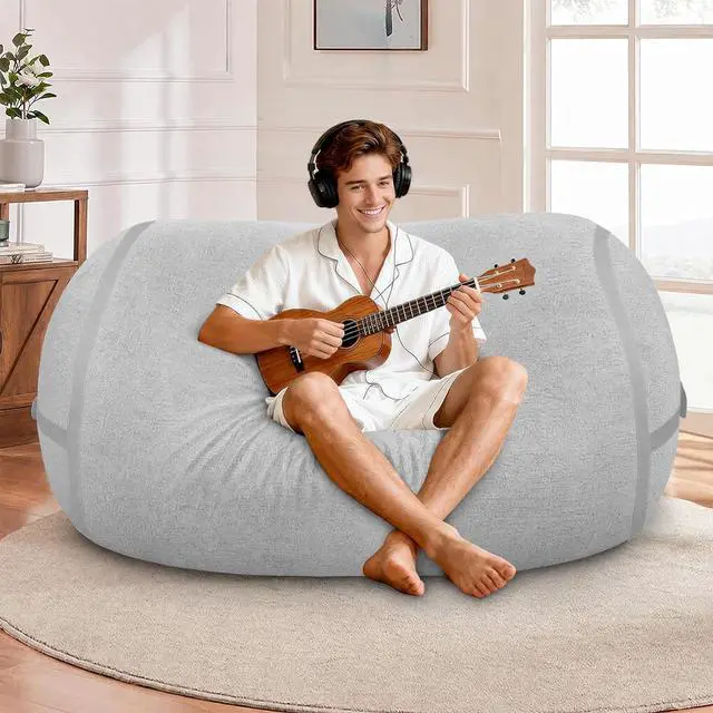 Alt view image 3 of 6 - 4FT Bean Bag Chair, Large BeanBag Chairs with Memory Foam Filled, Ultra-Soft Velvet with Portable Handle & Removable Cover, Comfy Bean Bag Sofa for Living Room, No Assembly - Light Grey