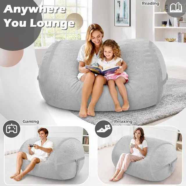 Alt view image 4 of 6 - 4FT Bean Bag Chair, Large BeanBag Chairs with Memory Foam Filled, Ultra-Soft Velvet with Portable Handle & Removable Cover, Comfy Bean Bag Sofa for Living Room, No Assembly - Light Grey