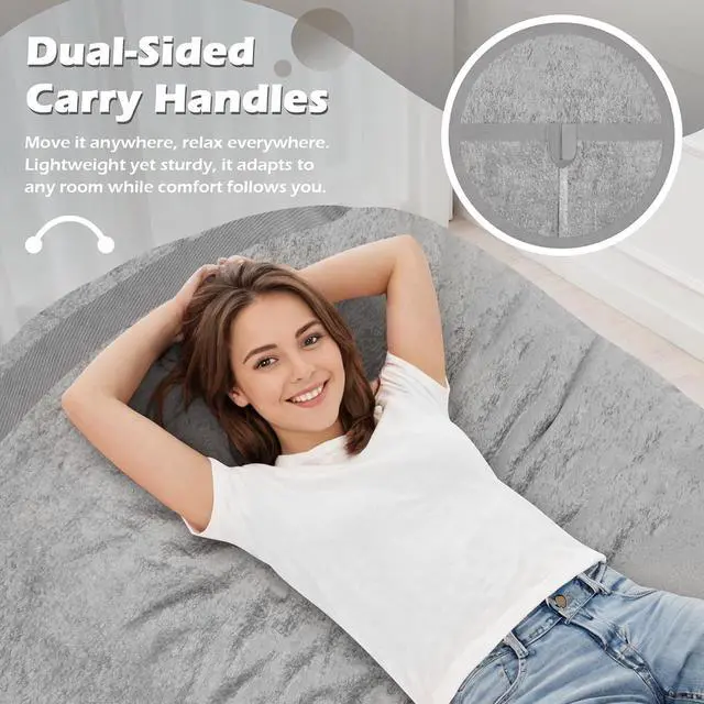 Alt view image 5 of 6 - 4FT Bean Bag Chair, Large BeanBag Chairs with Memory Foam Filled, Ultra-Soft Velvet with Portable Handle & Removable Cover, Comfy Bean Bag Sofa for Living Room, No Assembly - Light Grey