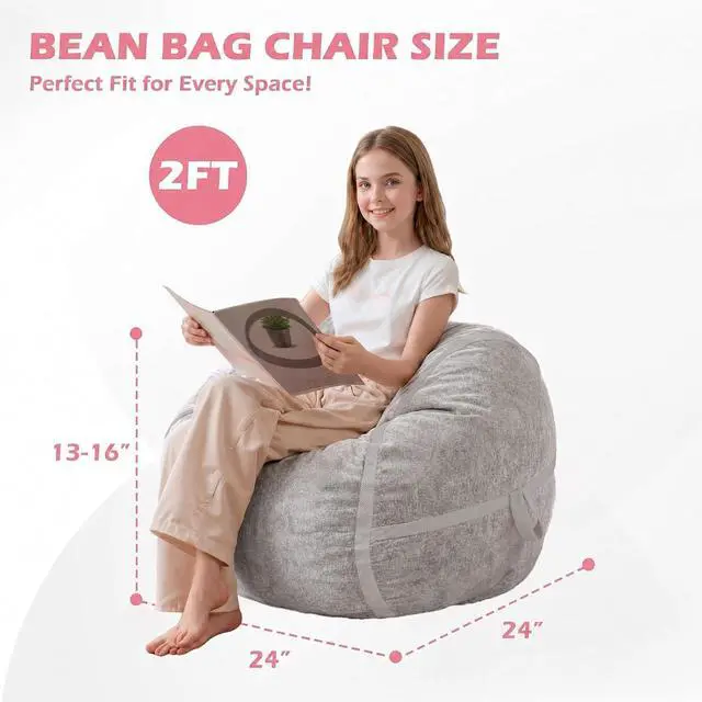 Alt view image 2 of 7 - 2FT Bean Bag Chair, Small BeanBag Chairs with Memory Foam Filled, Ultra-Soft Velvet Bean Bag Chair with Portable Handle, Comfy Bean Bag Sofa for Living Room, No Assembly - Light Grey