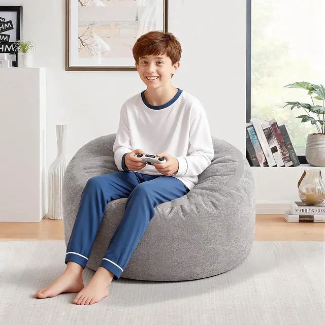 Alt view image 3 of 7 - 2FT Bean Bag Chair, Small BeanBag Chairs with Memory Foam Filled, Ultra-Soft Velvet Bean Bag Chair with Portable Handle, Comfy Bean Bag Sofa for Living Room, No Assembly - Light Grey