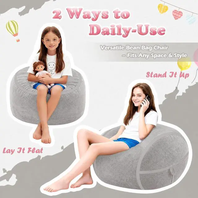 Alt view image 5 of 7 - 2FT Bean Bag Chair, Small BeanBag Chairs with Memory Foam Filled, Ultra-Soft Velvet Bean Bag Chair with Portable Handle, Comfy Bean Bag Sofa for Living Room, No Assembly - Light Grey