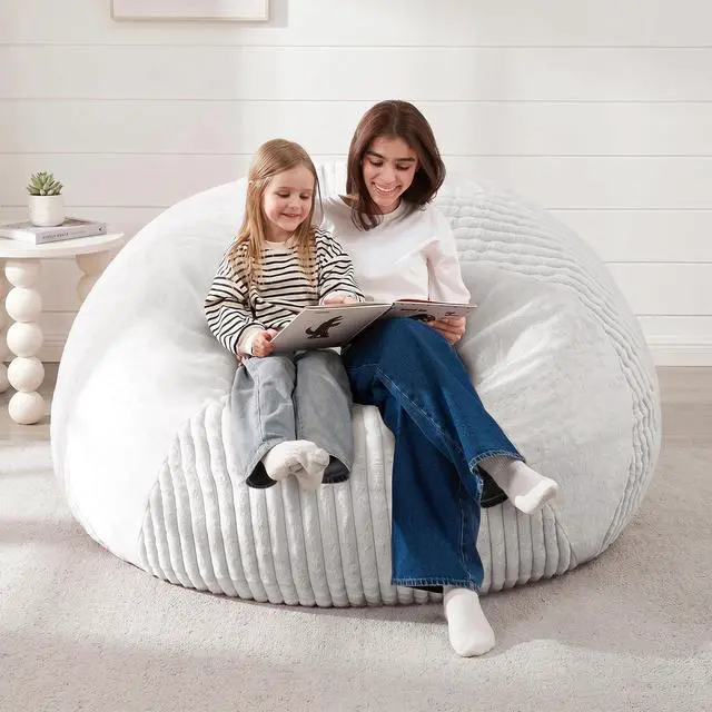 Alt view image 7 of 7 - 4FT Bean Bag Chairs Teardrop Bean Bag Chairs for Adults Beanbag Chair with Memory Foam Filled Soft Plush Leaf alongside Stripe Faux Fur Washable Cover for Dorm, Bedroom(Plush WH)