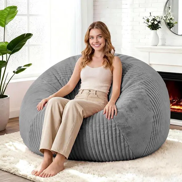Main image of 4FT Bean Bag Chairs Teardrop Bean Bag Chairs for Adults Beanbag Chair with Memory Foam Filled Soft Plush Leaf alongside Stripe Faux Fur Washable Cover for Dorm, Bedroom(Plush DGY)