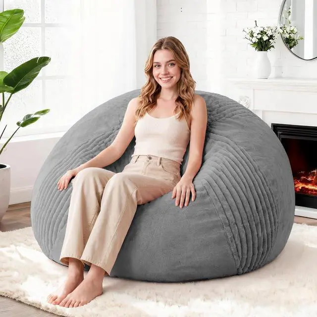 Main image of 4FT Bean Bag Chairs Teardrop Bean Bag Chairs for Adults Beanbag Chair with Memory Foam Filled Soft Stripe Leaf alongside Plush Faux Fur Washable Cover for Dorm, Bedroom(Stripe DGY)
