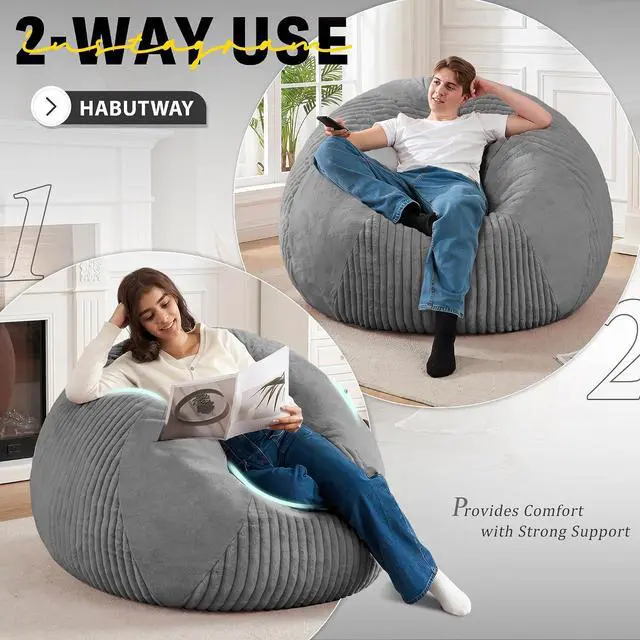 Alt view image 4 of 7 - 4FT Bean Bag Chairs Teardrop Bean Bag Chairs for Adults Beanbag Chair with Memory Foam Filled Soft Plush Leaf alongside Stripe Faux Fur Washable Cover for Dorm, Bedroom(Plush DGY)