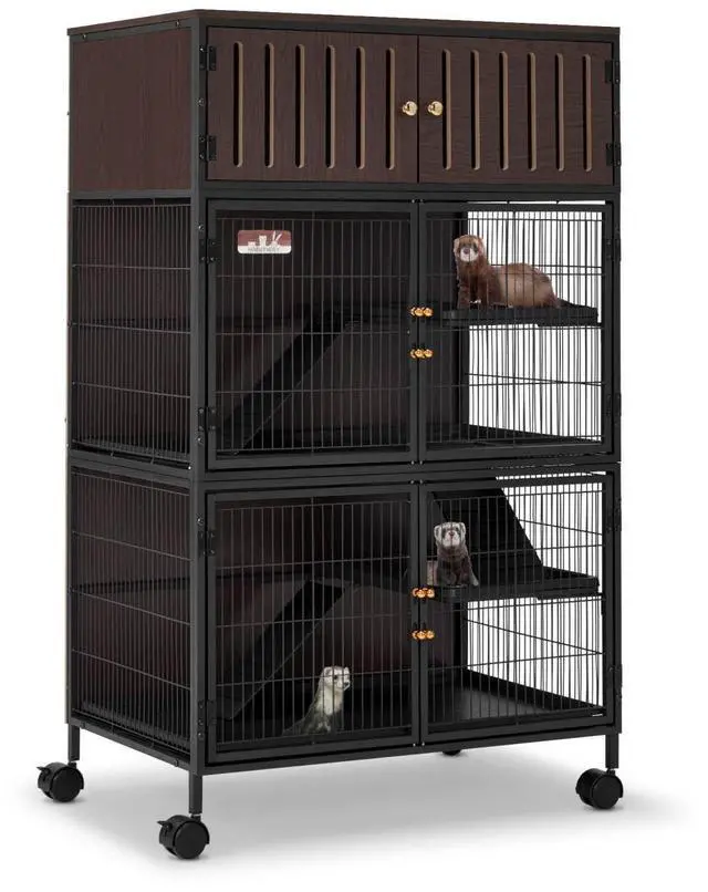Main image of 50''H Metal Large Ferret Cage, Rolling Chinchilla Cage with Removable Ramps& Double Door, with Locker, Small Animal Cage Indoor Wooden Pet Crate Furniture