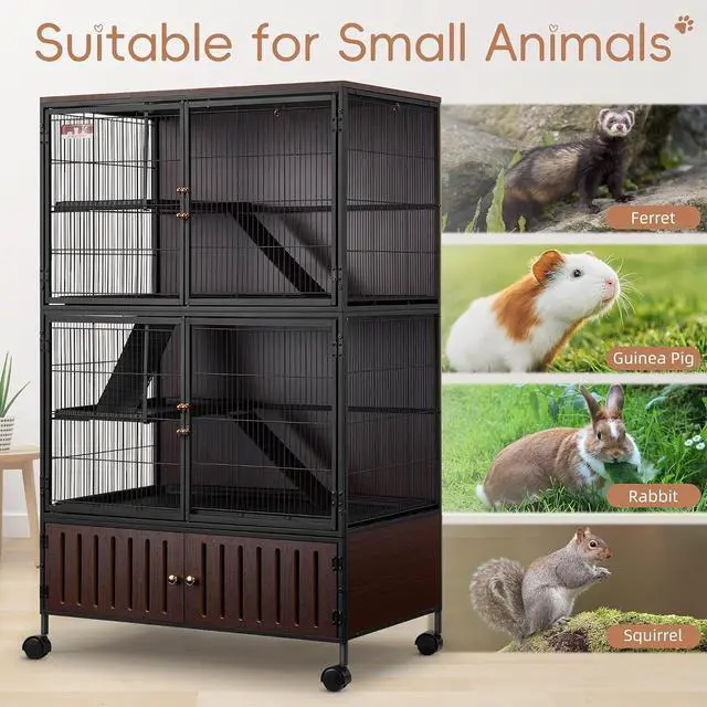 Alt view image 4 of 7 - 60''H Metal Large Ferret Cage, Rolling Chinchilla Cage with Removable Ramps& Double Door, with Locker, Small Animal Cage, Rat Indoor Wooden Pet Crate Furniture
