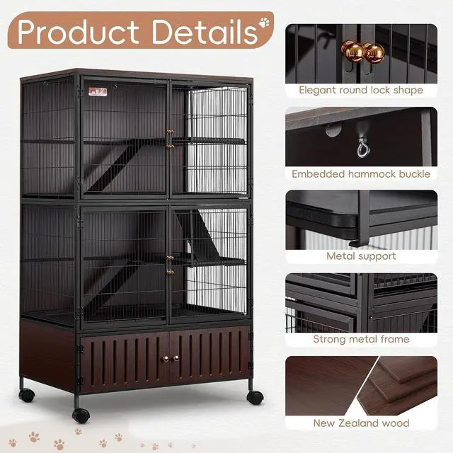 Alt view image 5 of 7 - 60''H Metal Large Ferret Cage, Rolling Chinchilla Cage with Removable Ramps& Double Door, with Locker, Small Animal Cage, Rat Indoor Wooden Pet Crate Furniture