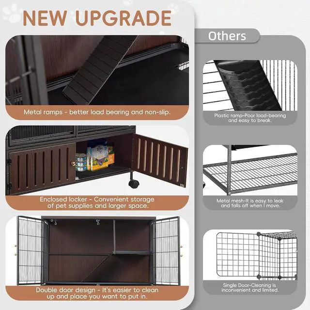 Alt view image 6 of 7 - 60''H Metal Large Ferret Cage, Rolling Chinchilla Cage with Removable Ramps& Double Door, with Locker, Small Animal Cage, Rat Indoor Wooden Pet Crate Furniture