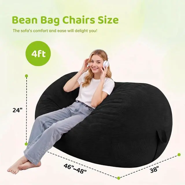 Alt view image 2 of 6 - Bean Bag Chair, 4FT Large Bean Bag Chair with Removable Cover, Comfy Beanbag Chair with Memory Foam Filling, Bean Bag Sofa for Living Room Bedroom Reading Room, Black