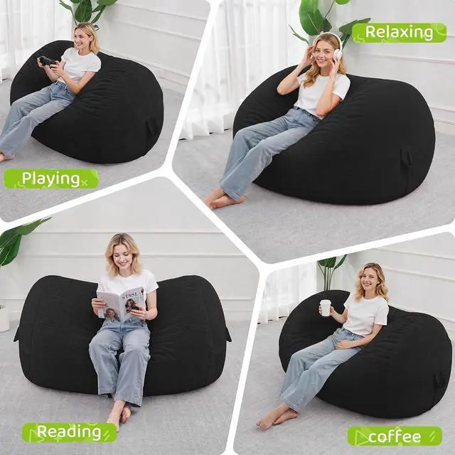 Alt view image 4 of 6 - Bean Bag Chair, 4FT Large Bean Bag Chair with Removable Cover, Comfy Beanbag Chair with Memory Foam Filling, Bean Bag Sofa for Living Room Bedroom Reading Room, Black