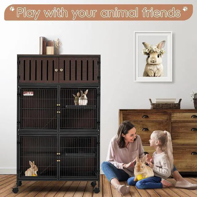Alt view image 2 of 7 - 50''H Metal Large Ferret Cage, Rolling Chinchilla Cage with Removable Ramps& Double Door, with Locker, Small Animal Cage Indoor Wooden Pet Crate Furniture